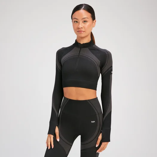 MP Women's Tempo Ultra Seamless Long Sleeve Crop 1/4 Zip – Svart - XS